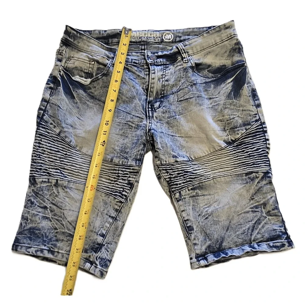 MBECCA Men's Denim Biker Shorts‎ Acid Wash Blue Moto Stretch Fit 32